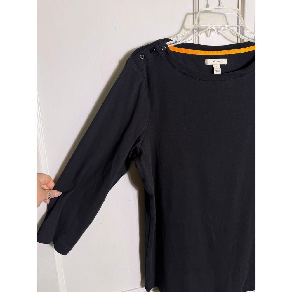 G.H. Bass & Co Women XL Black Cotton Top 3/4 Sleeve Button Shoulder Boat Neck - Picture 2 of 7